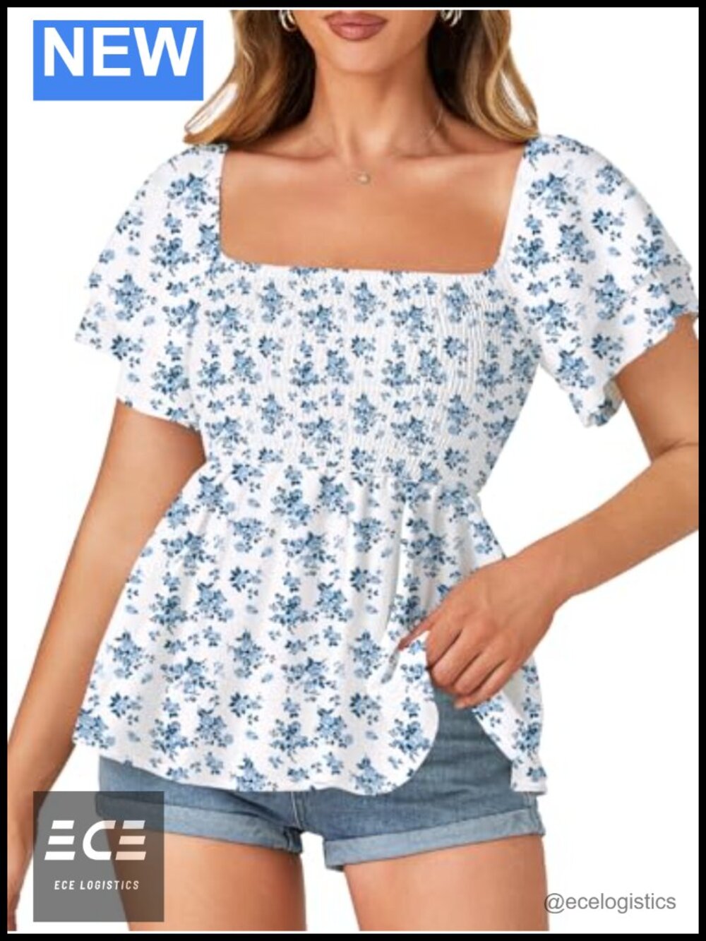 Women's Square Neck Peplum Blouse Ruffle Sleeve Smocked Top